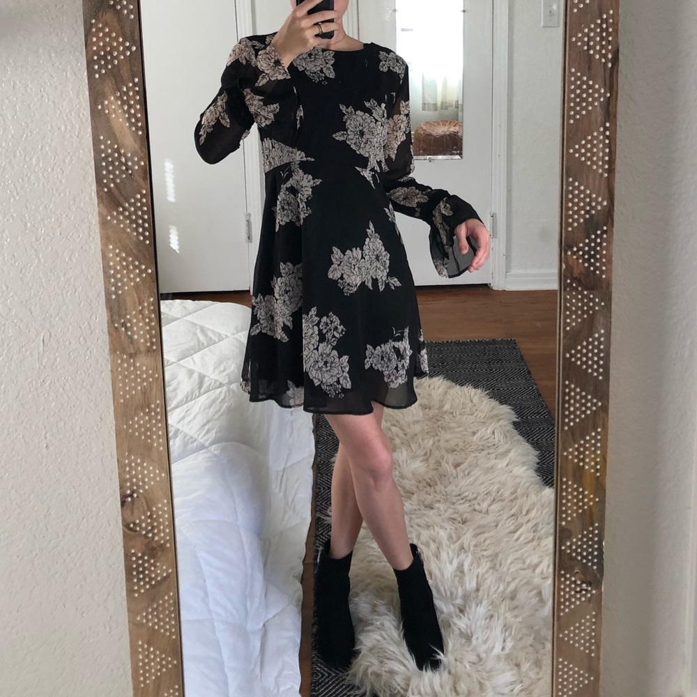 Black Flower Print Dress. Size Small